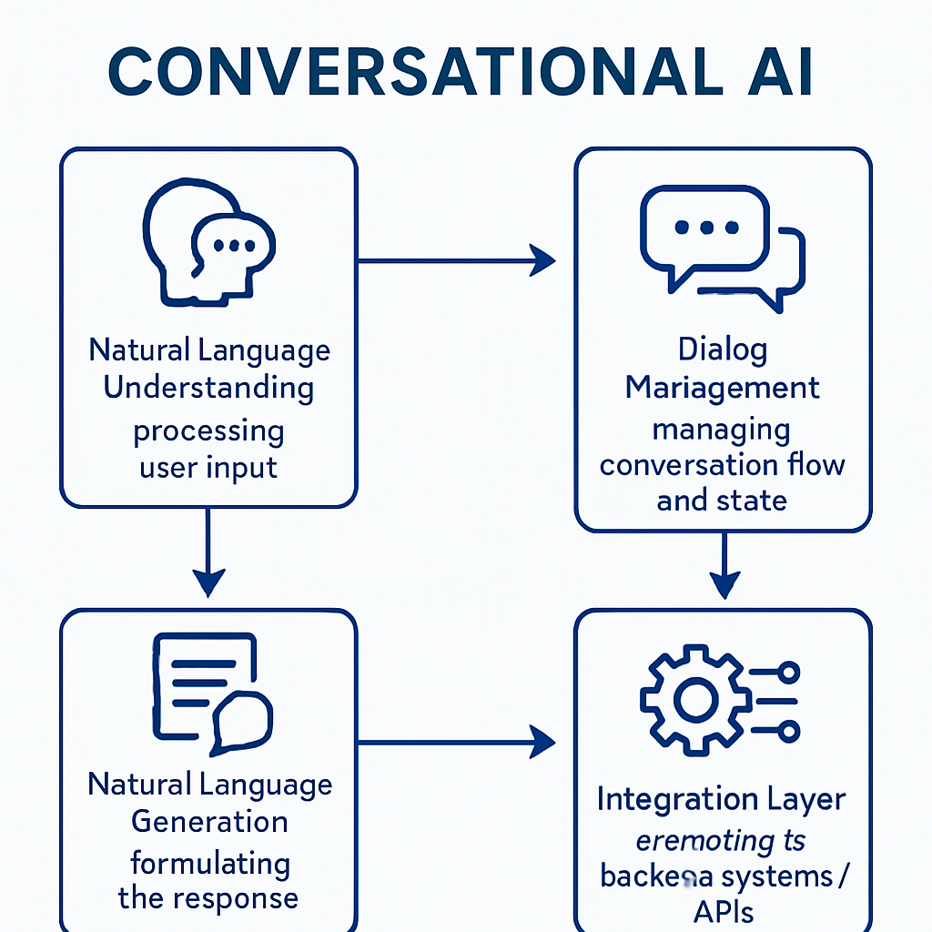 Infographic showing the flow of Conversational AI: NLU processes input, Dialog Management handles flow, NLG generates response, Integration Layer connects to systems.